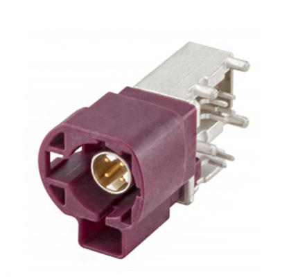 FAKRA male connector featuring center pin soldering and copper sleeve crimping; 99S20D-40MA5-BX right-angle plug (for PCB); red.
